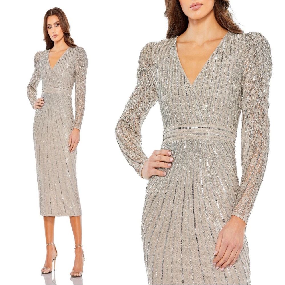 Mac Duggal Silver Sequin Midi Dress